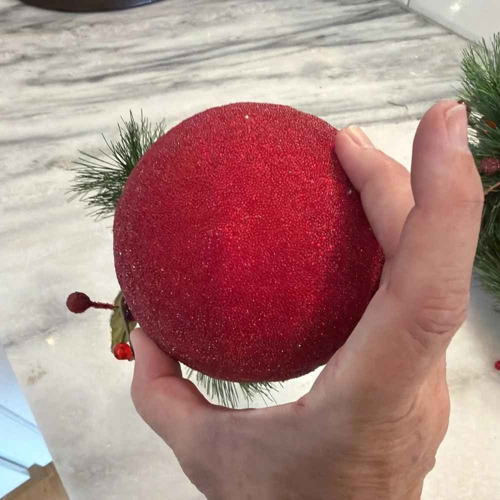 Set Of 5 Large Red Sparkle Christmas Balls With Pine And Cranberries